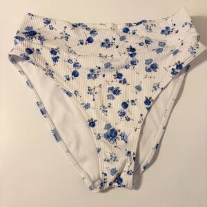 Hollister Swim High Waist Cross Waist Ribbed Bikini Bottoms White Blue Floral S